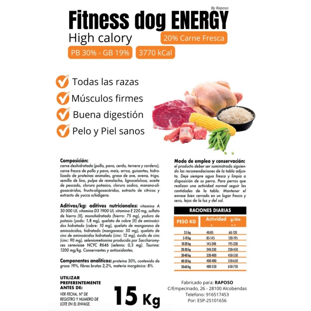 FITNESS DOG  ENERGY   (HIGH  CALORI)  15 KG (3770 KCAL) 20% CARNE FRESCA