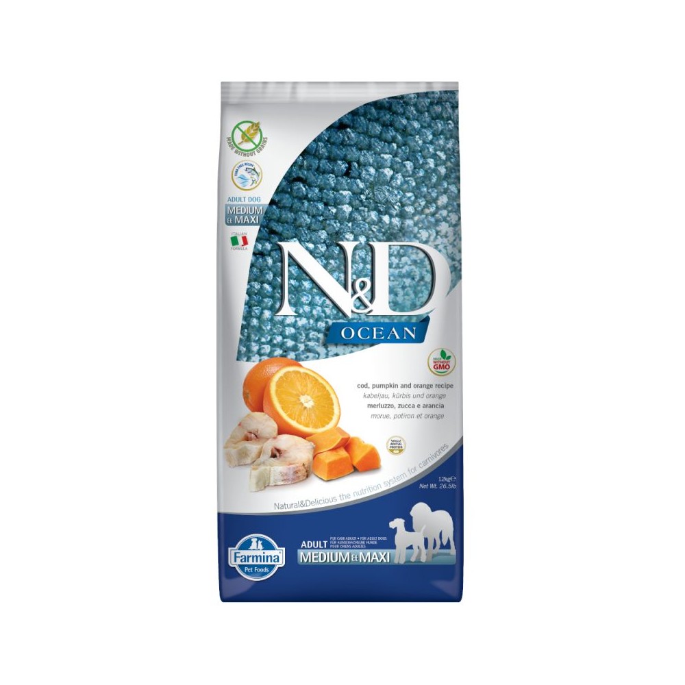 Farmina N&D Medium & Maxi Ocean sin cereales con bacalao, calabaza y naranja