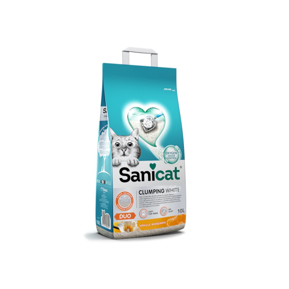 SANICAT CLUMPING WHITE DUO ARENA AGLOMERANTE 10 L PARA GATOS  aroma vainilla y mandarina