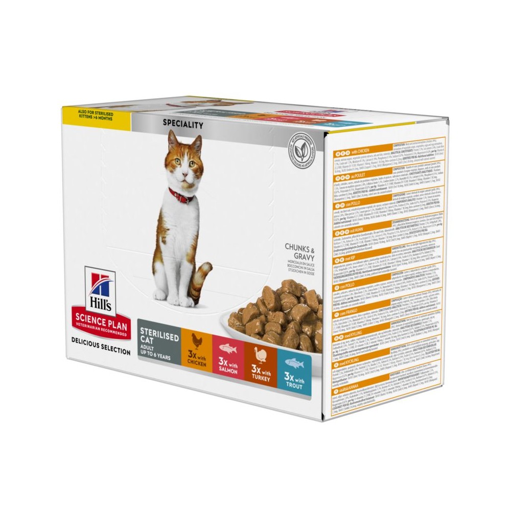 Hill's Science Plan Adult Sterilised comida húmeda para gatos pollo, salmon, pavo y trucha