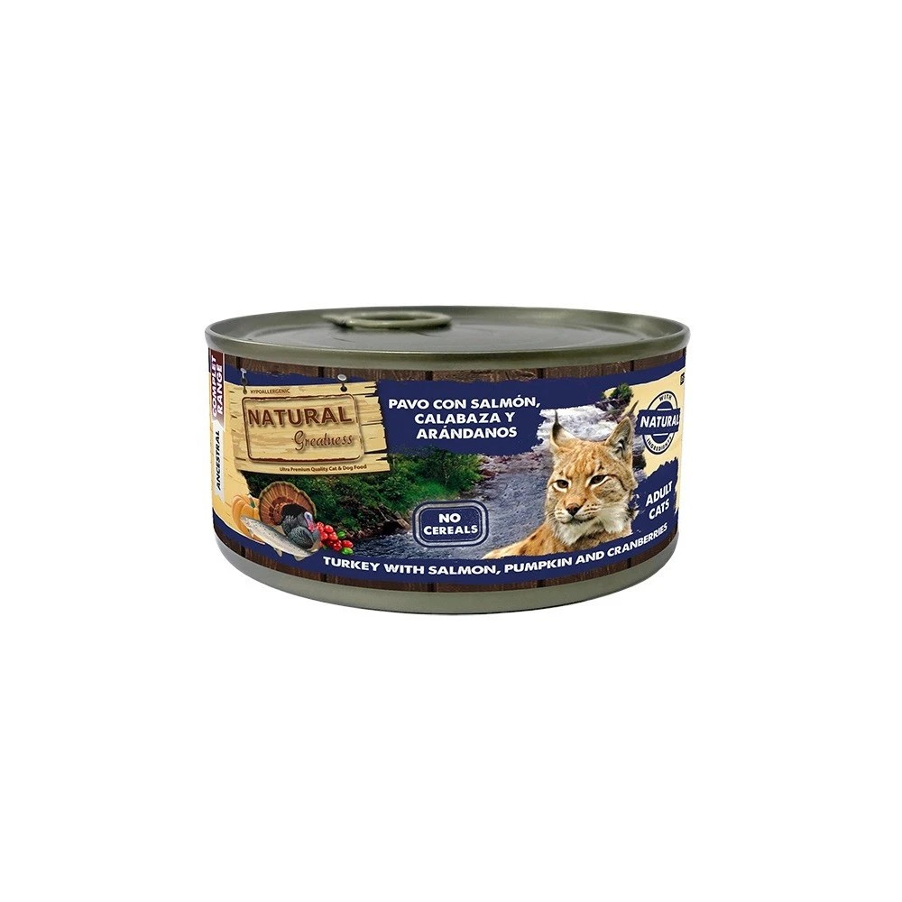 Natural Greatness Pavo con Salmón, Calabaza y Arándanos Gato Latas 185 gr
