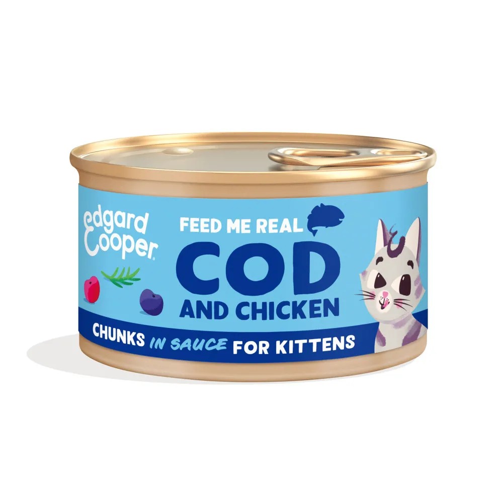 Edgard & Cooper Kitten Trocitos de Bacalao y Pollo en Salsa Lata Gatos 85 gr