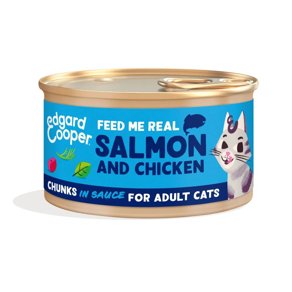 Edgard & Cooper Adult Trocitos de Salmón y Pollo de Corral en Salsa Lata Gatos 85 gr