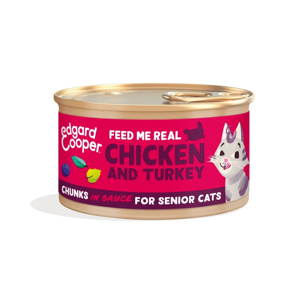 Edgard & Cooper Senior Trocitos de Pollo y Pavo de Corral en Salsa Lata Gatos 85 gr