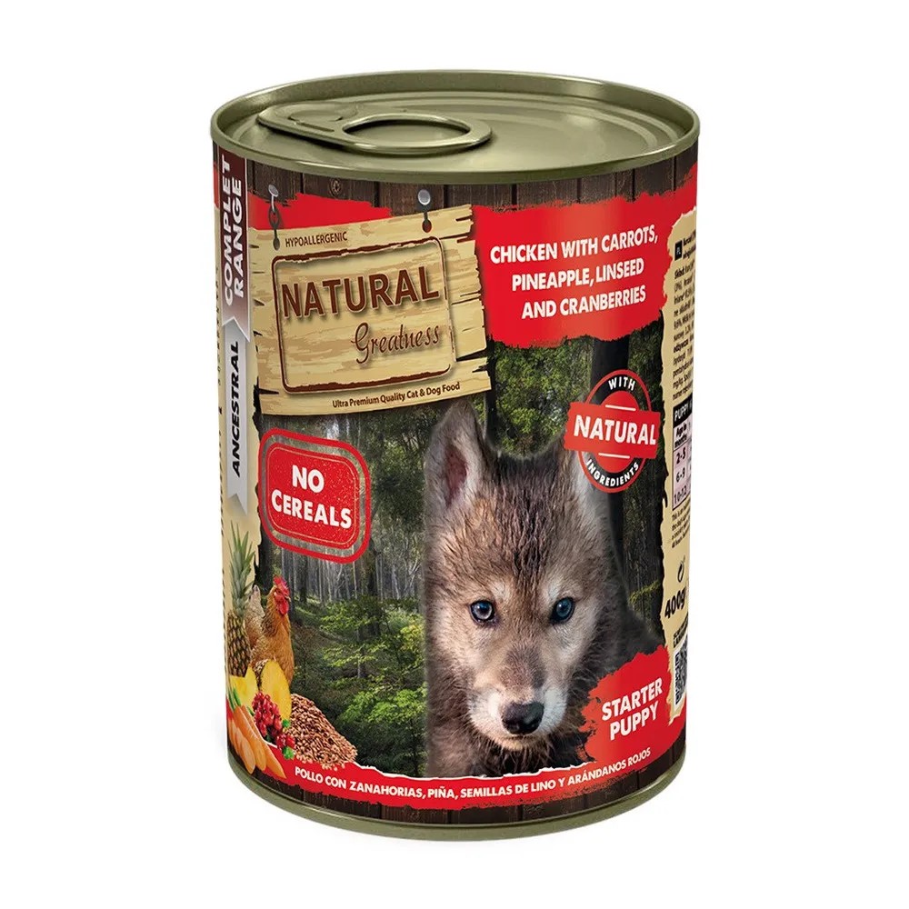 Natural Greatness Starter Puppy Pollo con Zanahorias, Piña y Arándanos Perros Latas 400 gr