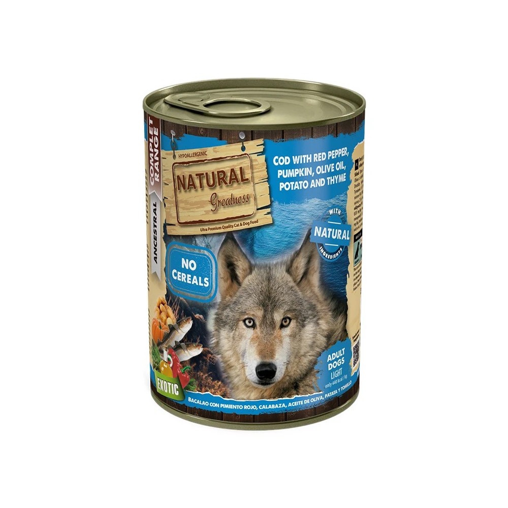 Natural Greatness Adult Light Bacalao con Pimiento Rojo, Patata y Tomillo Perros Latas 390 gr