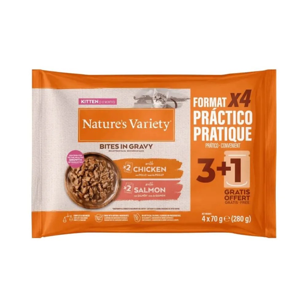 Nature`s Variety Pack Kitten Bocaditos de Salmón y Pollo en Salsa Sobres para Gatos 4X70 GR