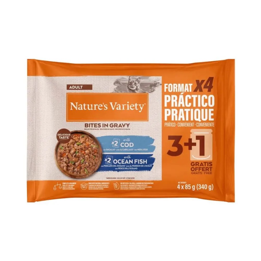 Nature`s Variety Pack Adult Bocaditos de Bacalao y Pescado en Salsa Sobres para Gatos 4X85 GR