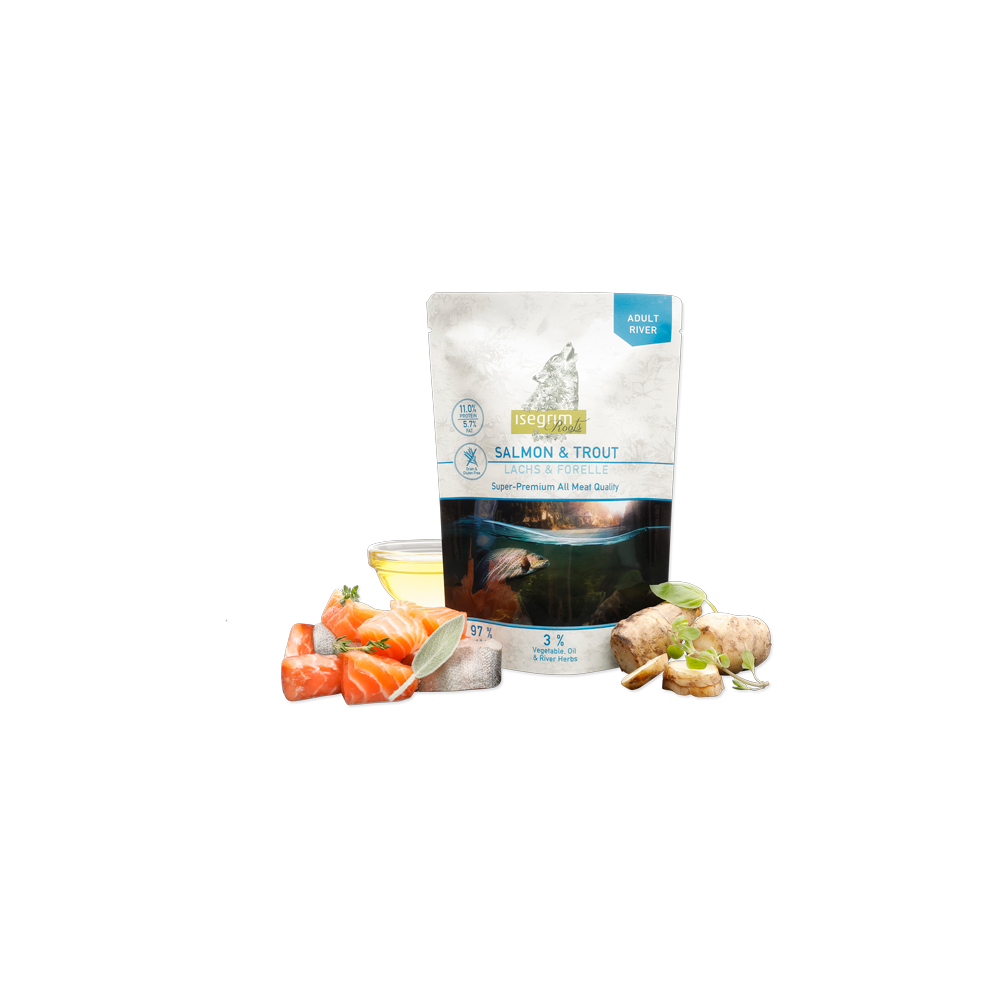 ISEGRIM RIVER ADULT SALMÓN + TRUCHA CON TUPINAMBO, ACEITE DE CÁRTAMO Y HIERBAS DEL RÍO 410 GR