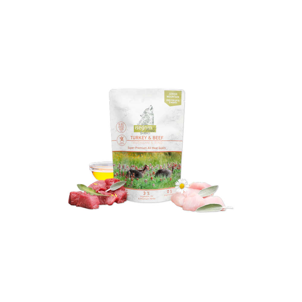 ISEGRIM MOUNTAIN JUNIOR PAVO + TERNERA CON BONIATO, ACEITE DE SALMÓN Y HIERBAS DEL MONTE 410 GR