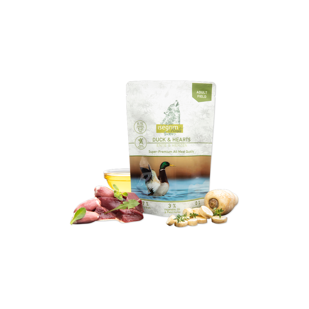 ISEGRIM FIELD PATO + CORAZONES CON MEZCLA DE VERDURAS, ACEITE DE LINAZA Y HIERBAS DEL CAMPO 410 GR