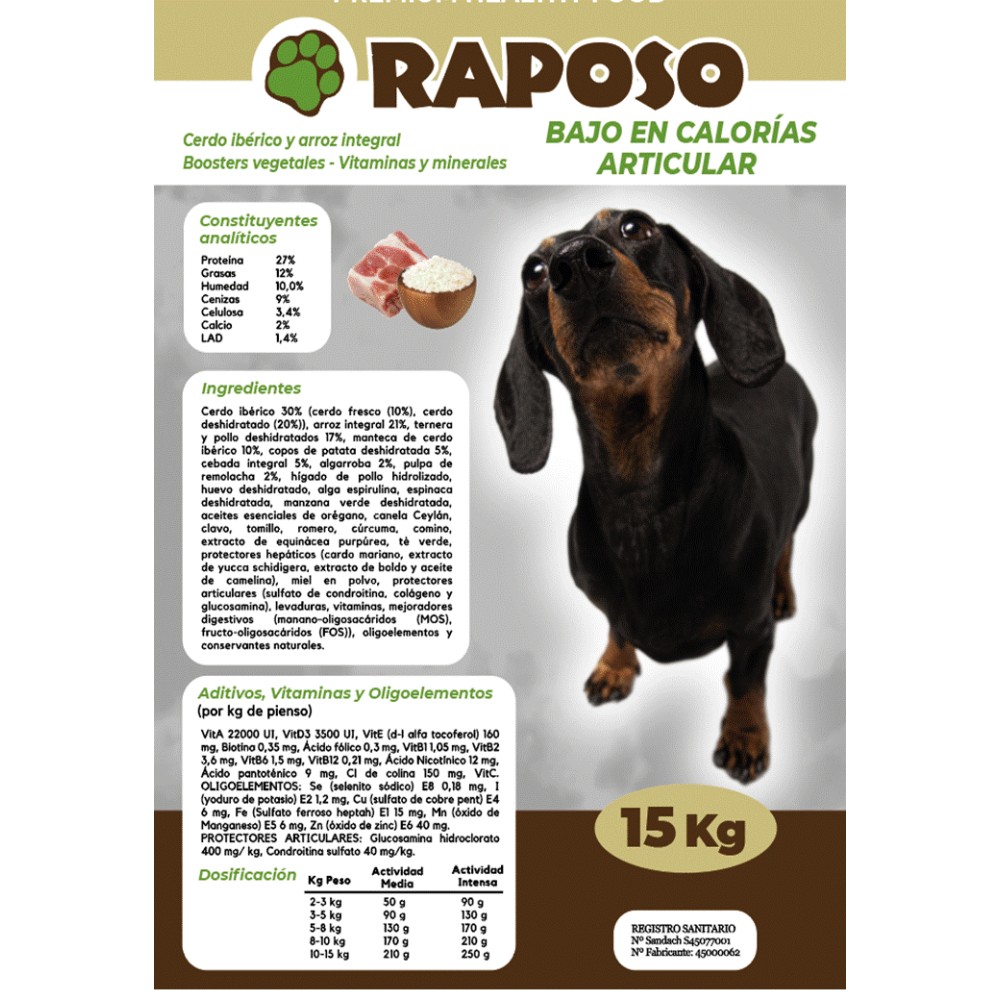 RAPOSO NATURAL     BAJO EN CALORIAS  ARTICULACIONES  15 kg alto contenido en condroprotectores condroitina  y glucosamina